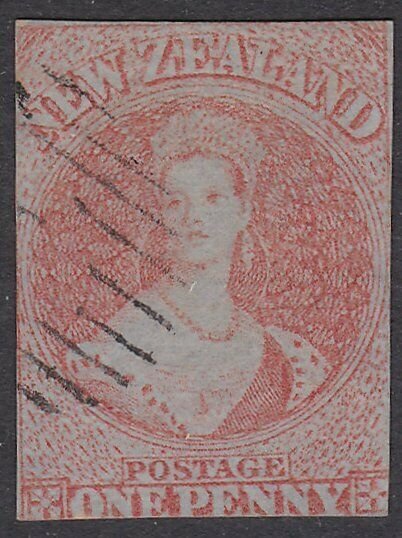 NEW ZEALAND 1855 1d on blued paper SG4 fine used cat £2000...................798