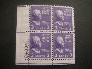 Scott 807, 3c Thomas Jefferson, PB4 #24334 LL. MNH Prexie Beauty