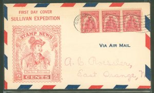 US 657 1929 2c Sullivan Expedition (strip of three) on an addressed (hand stamp) airmail first day cover to Roessler with a Roes