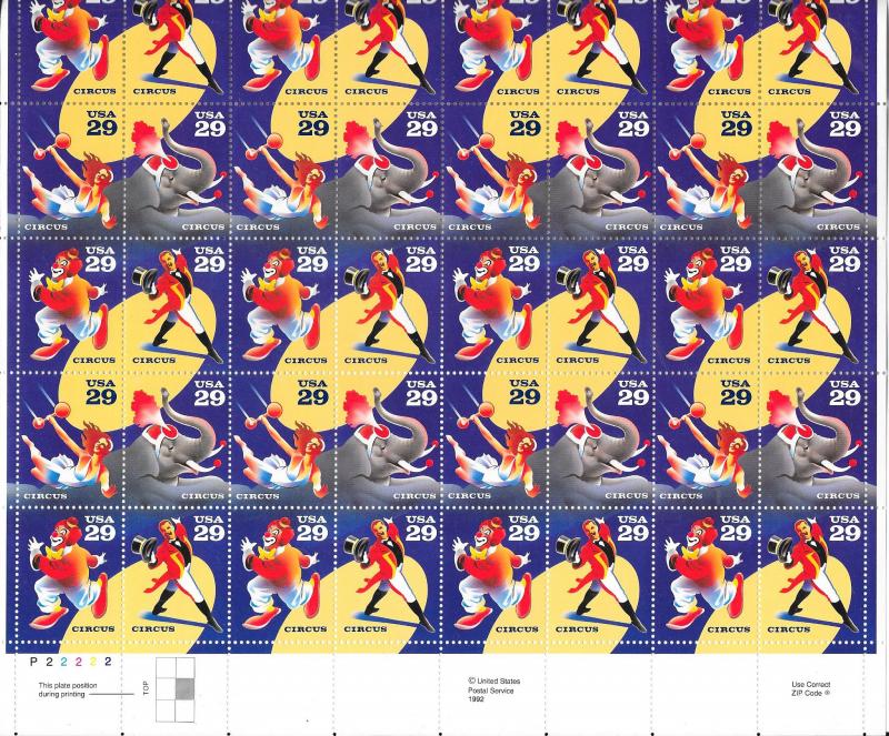 US#2750  $0.29 Circus Full Sheet (MNH) CV$40.00