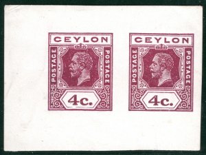 CEYLON KGV Stamps 4c PROOF/COLOUR TRIAL Key Plate Die *PAIR* No Outer FrameYOW26