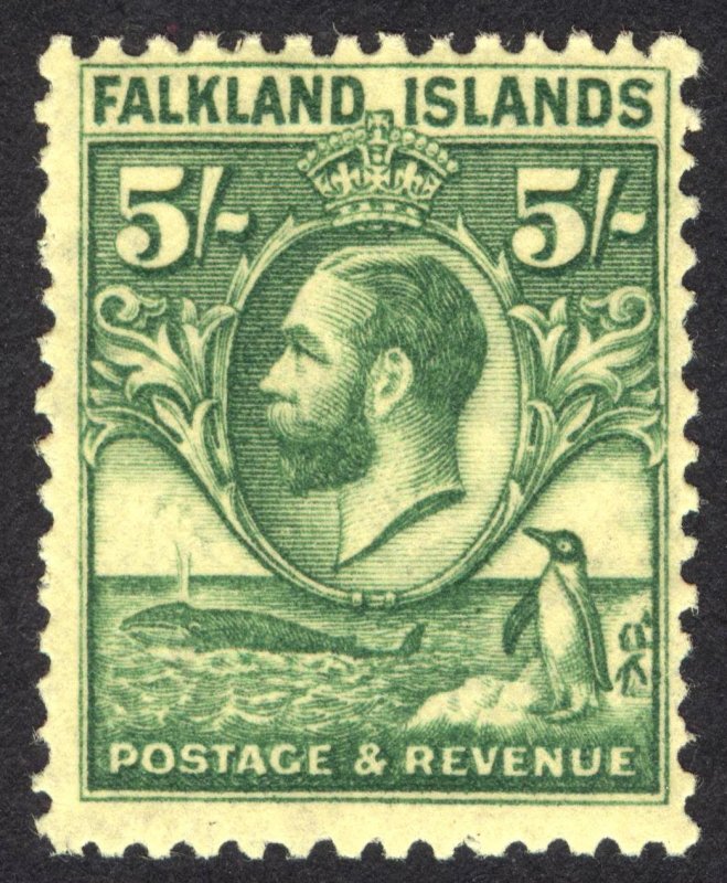 Falkland Is 1929 5s Green on yell Whale & Penguin Scott 62 SG 124 MLH Cat $106