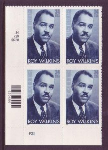 2001 Roy Wilkins-Black Heritage- Plate Block Of 4 34c Stamps, Sc# 3501, MNH, OG