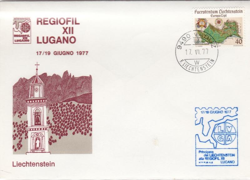 Liechtenstein 1977 Vaduz Cancel Church Illustration Map Stamp Cover Ref 30014