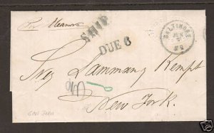 Puerto Rico 1862 Stampless Ship SFL to NY, SHIP & Due 6 handstamps