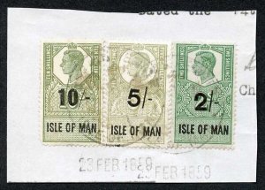 Isle of Man KGVI 10/- 5/- and 2/- Key Plate Type Revenues CDS on Piece