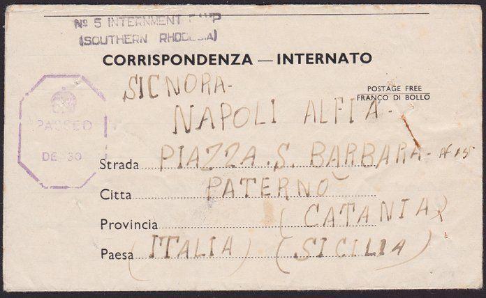 RHODESIA 1944 Italian POW lettersheet  ex NO 5 INTERNMENT CAMP to Sicily..5252