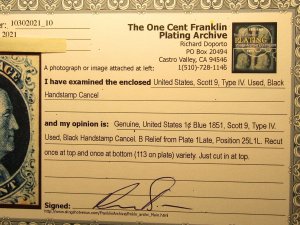 US Stamp #9 Franklin 1c Used 1851, Type IV, SCV $100. w/Certif - See Description