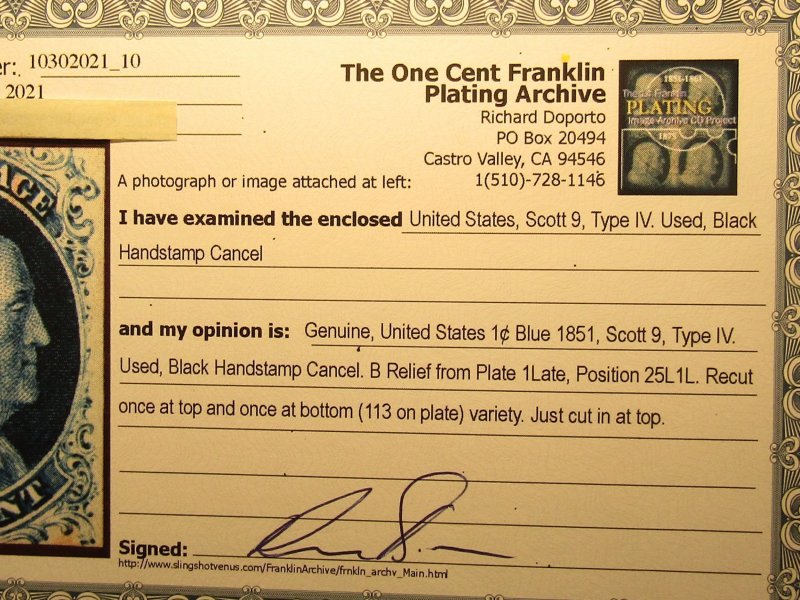 US Stamp #9 Franklin 1c Used 1851, Type IV, SCV $100. w/Certif - See Description