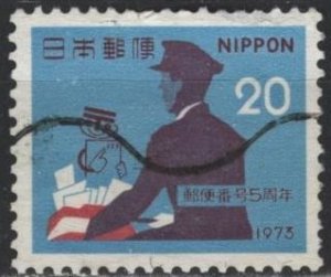 Japan 1144 (used) 20y mailman, postal code symbol, blue, pur & car (1973)