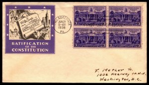 Scott 835 3 Cents Constitution Staehle FDC Addressed Block Planty 835-41