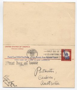 1956 UY16 4ct liberty postal card message/reply FDC to Australia [H.2501]