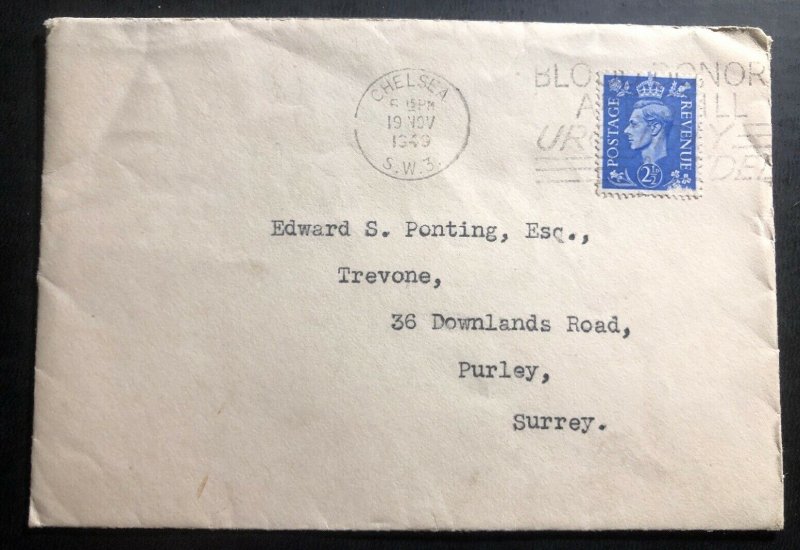 1949 Chelsea England Cover To Purley Laurence Olivier Actor W Letter Signed