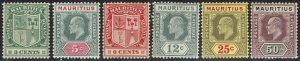 MAURITIUS 1910 KEVII ARMS RANGE TO 50C WMK MULTI CROWN CA