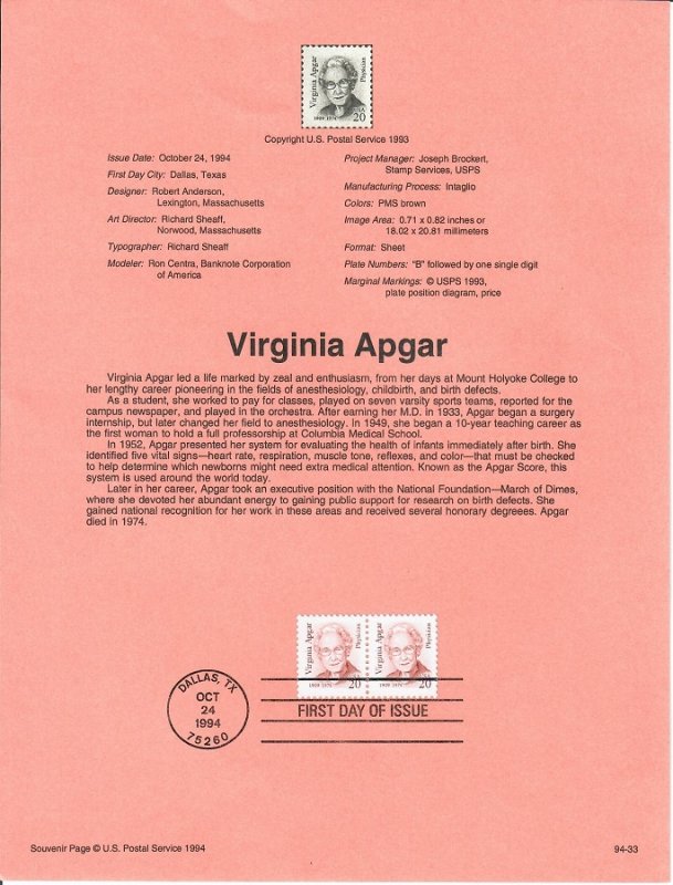 US SP721 Virginia Apgar Souvenir Page #2179