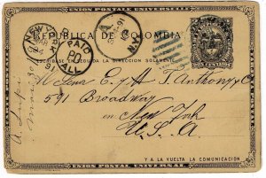 Colombia 1891 Agency Panama cancel in blue on postal card to the U.S.