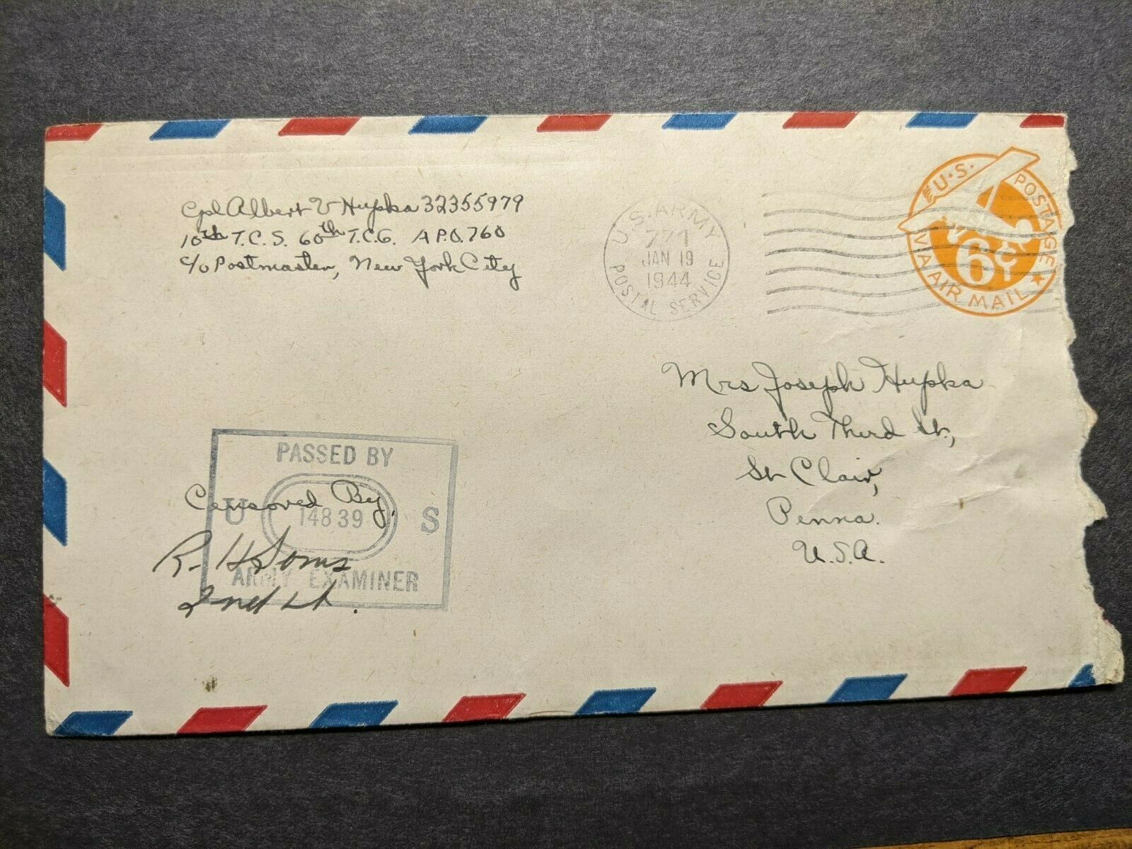 APO 760 PALERMO, SICILY, ITALY 1944 Censored WWII Army Cover 10 TCS ...