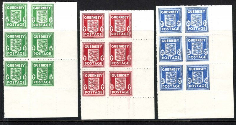 Guernsey 1941 Arms set of 3, ½d - 2½d in unmounted mint corner blocks of 6 cat