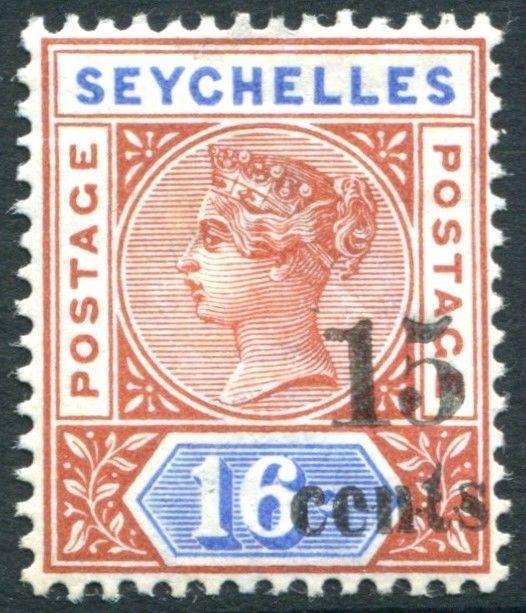 SEYCHELLES-1893 15c on 16c Chestnut & Ultramarine Die II Sg 19 LIGHTLY MOUNTED/M