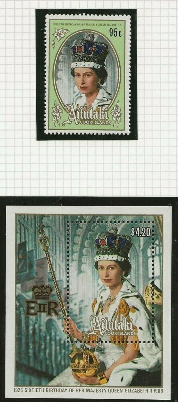 AITUTAKI 1986 60TH BIRTHDAY QUEEN ELIZABETH II,95c STAMP & $4.20 SOUVENIR SHEET 