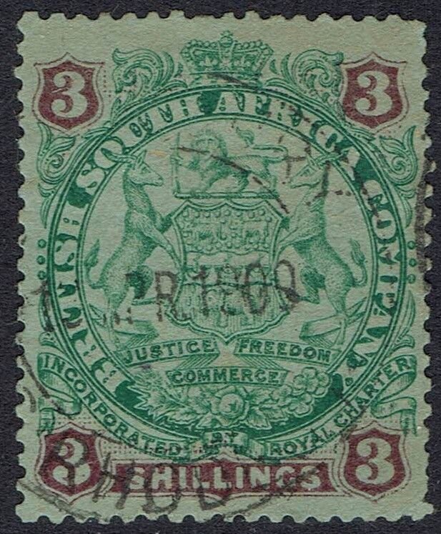 RHODESIA 1896 ARMS 3/- USED