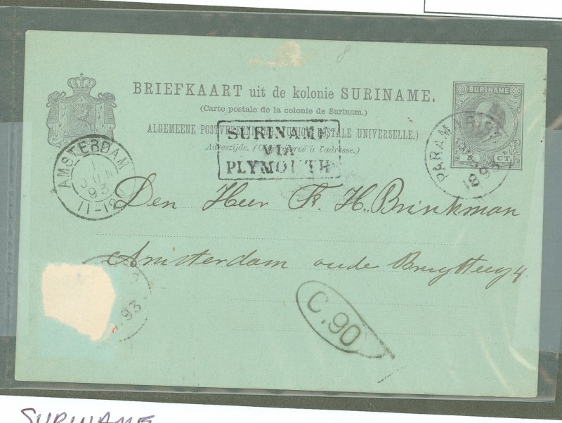 Surinam  1893 Postal card 5cent violet. Long message/mounting mark front and reverse