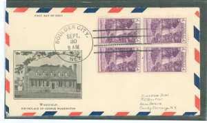 US 774 1935 Commemorating The Opening Of Boulder Dam, block of 4, on an addressed FDC with a cachet of Washington's Birt...