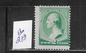 US #213 1887 WASHINGTON 2 CENTS (GREEN)- MINT LIGHT HINGED