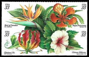 PCBstamps    US #3310/3313a Bk Block $1.32(4x33c)Tropical Flowers, MNH, (6)