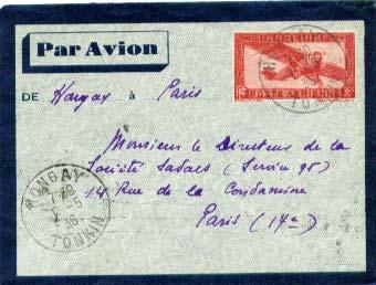 Indochina 36c Airplane Envelope 1936 Hongay, Tonkin Airmail to Paris, France.