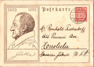 Germany 15pf Goethe Postal Card 1932 Koln, Riehl to Honolulu, Hawaii.  Small ...