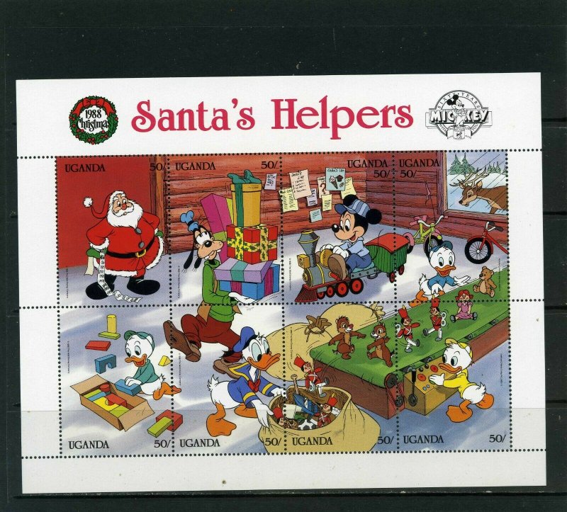 UGANDA 1988 DISNEY CHRISTMAS SANTAS HELPERS SHEET OF 8 STAMPS MNH 