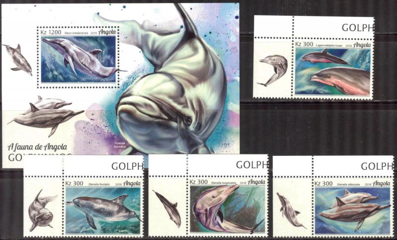 Angola 2018 Dolphins Set of 4 + S/S MNH