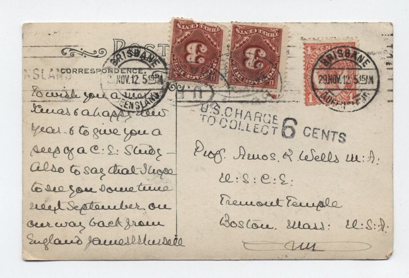 1912 Queensland to Boston MA postge due postcard [6525.1990]