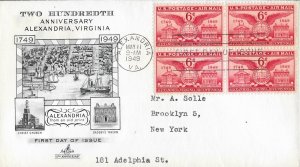 1949 Air Mail FDC, #C40, 6c Alexandria, Art Craft, block of 4