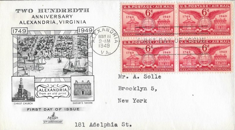 1949 Air Mail FDC, #C40, 6c Alexandria, Art Craft, block of 4