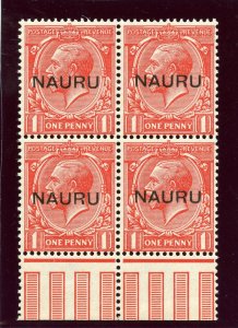 Nauru 1916 KGV 1d scarlet in a block of four superb MNH. SG 14. Sc 2a.