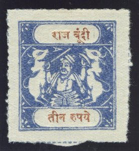 India - Bundi 1917 3r blue & red-brown (no gum as issued) MNH. SG 47. Sc 29.