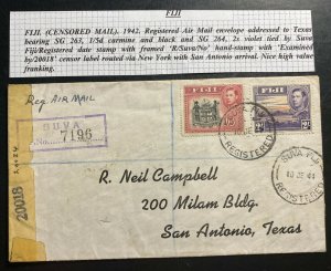 1942 Suva Fiji Registered Censored Cover To San Antonio TX USA Via New York