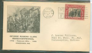 US 651 1929 2c George Rogers Clark/Battle of Vincennes on an addressed (type) FDC with an unofficial FD cancel (St. Louis, MO 4)