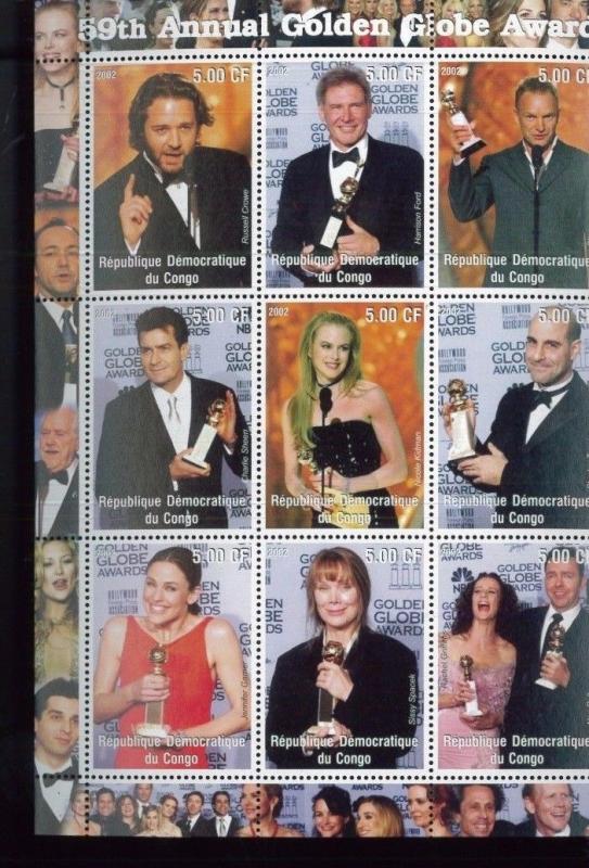 59th Golden Globe Awards Hollywood Commemorative Souvenir Stamp Sheet Congo E58