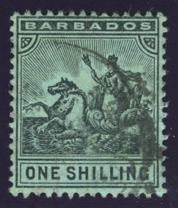 Barbados 1909 1s black/green very fine used. SG 169. Sc 100.