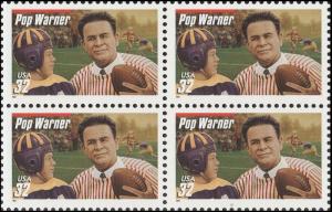 US 3149 Football Coaches Pop Warner red bar 32c block 4 MNH 1997