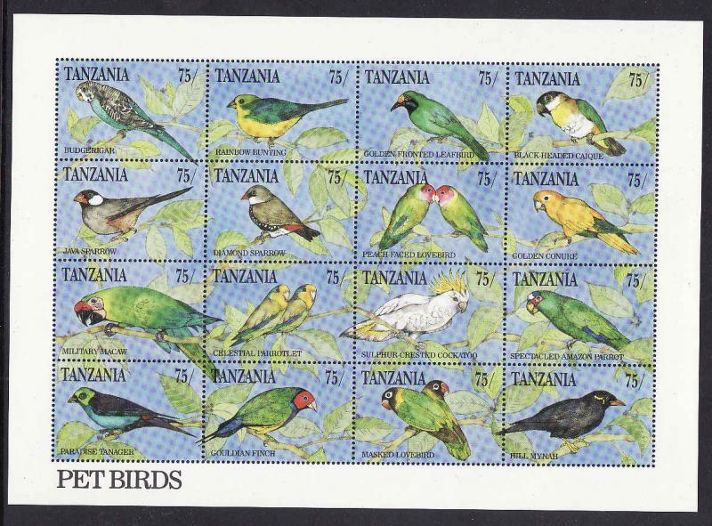 Tanzania-SC#771-sheet of 16 Birds-Pets-unused-NH-