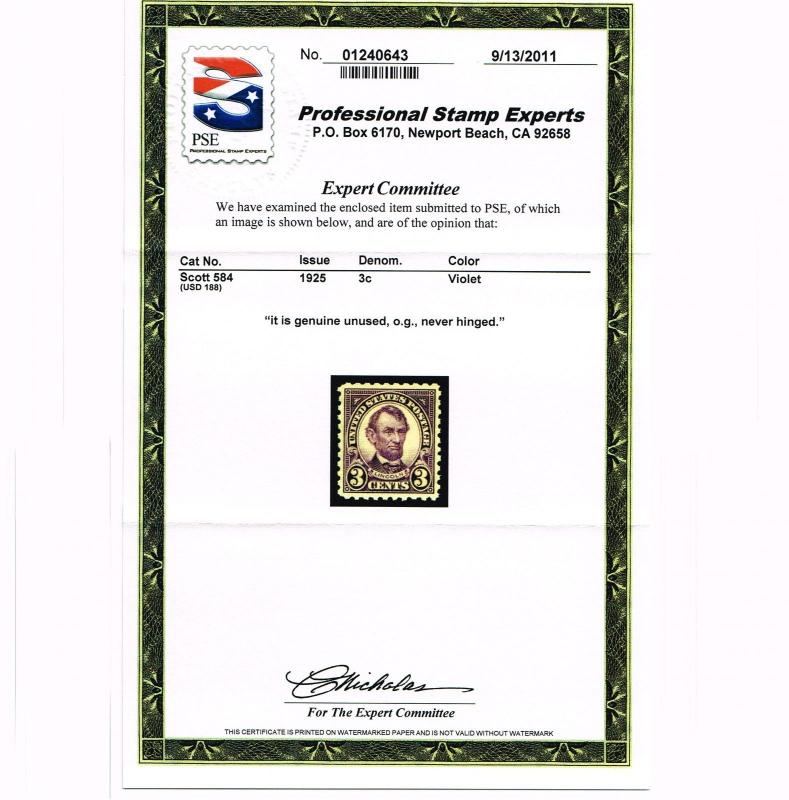 DEALER ESTATE CLOSE-OUT SCOTT #584 MINT XF-SUPERB PRISTINE OG NH PSE CERT . #10