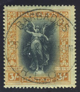 Barbados 1920 3s black & dull orange very fine used. SG 211. Sc 150.