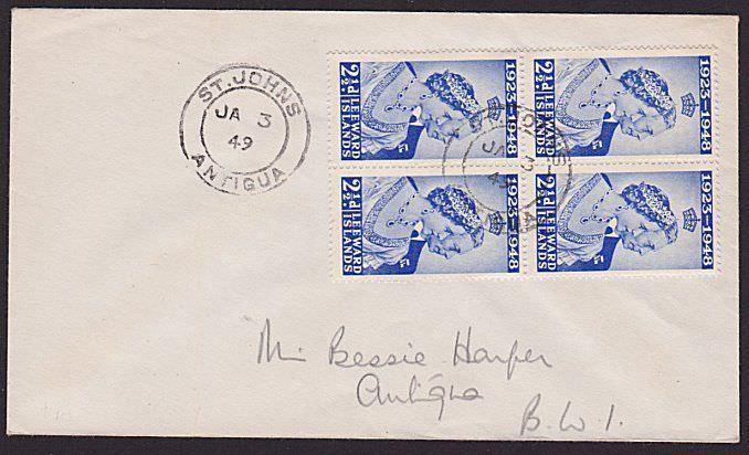 ANTIGUA LEEWARD IS 1949 cover block of 4 SW 2½d ex St Johns.................6571