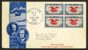 U.S.A. SC#C23 6c. AIR Mail The Wright Brothers Cachet BLK of 4 (1938) FDC