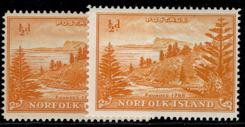 AUSTRALIA - Norfolk Island QEII SG1 + 1a, ½d PAPER VARIETIES, NH MINT.