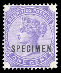 Mauritius #68S Cat$95, 1893 1c violet, overprinted Specimen, without gum